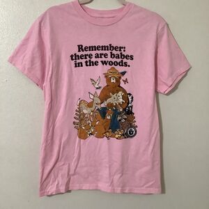 Retro Smokey the Bear Babes in the Woods Woodland Casual Camping Pink T Shirt L